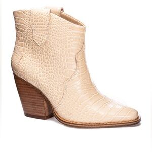 Chinese Laundry Cream Croc-Embossed Western Ankle Boots